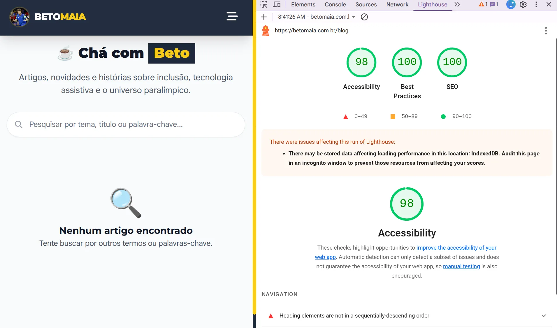 Captura de tela mostrando pontuação de 98% no Lighthouse