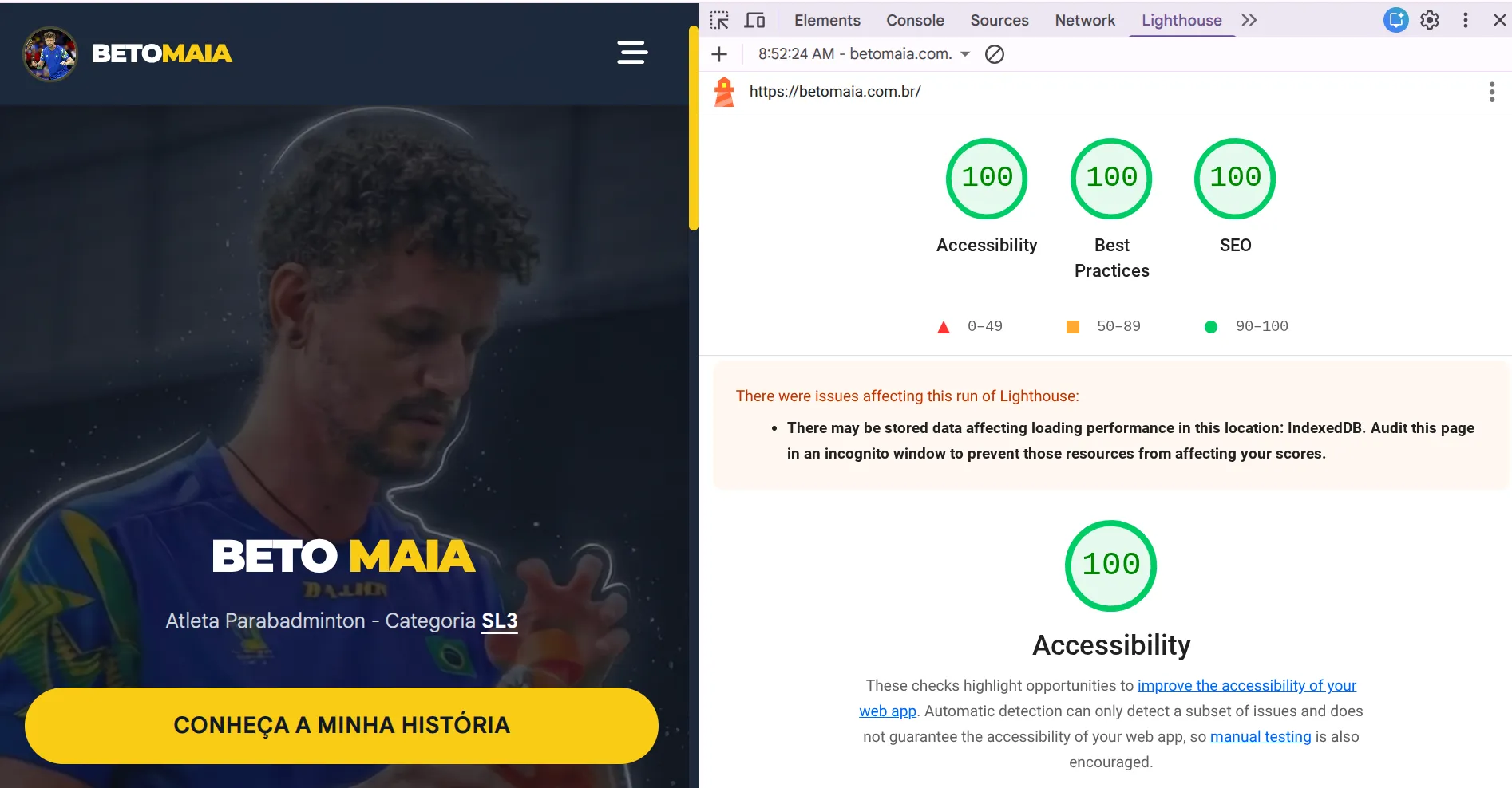 Captura de tela mostrando pontuação de 100% na página inicial